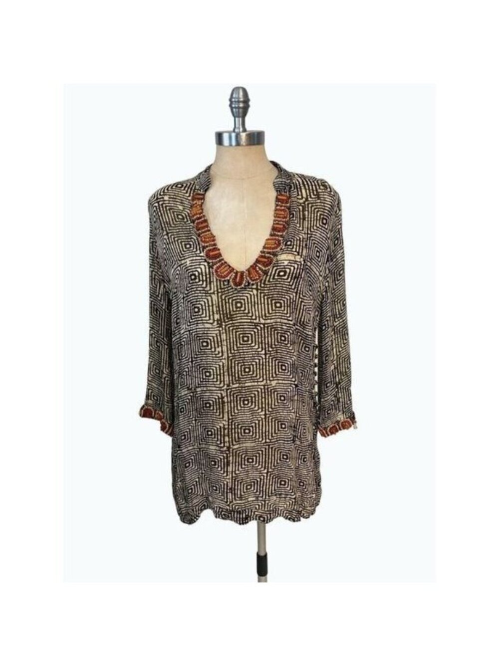 Soft Surroundings Wooden Beads trim Tunic Top Swimsuit coverup Medium